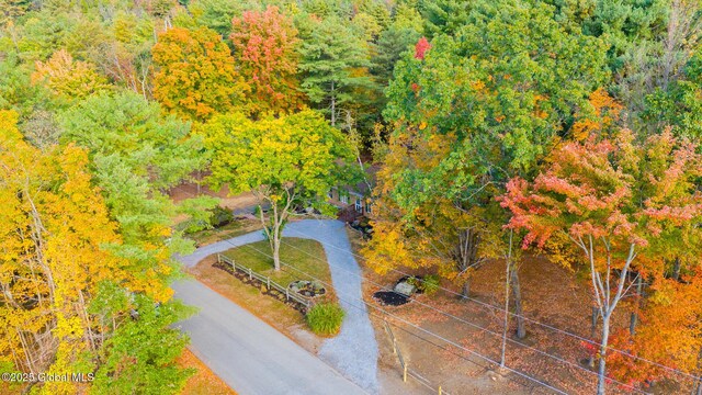 birds eye view of property featuring a wooded view