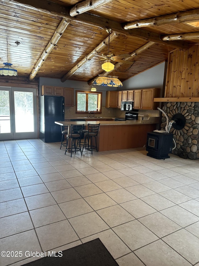 kitchen featuring wood ceiling, plenty of natural light, a peninsula, and black appliances