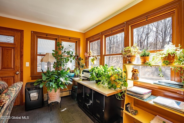 sunroom featuring a baseboard heating unit