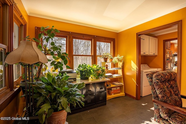 living area with baseboards, independent washer and dryer, and ornamental molding