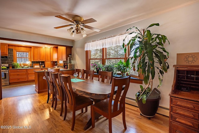 dining space featuring ceiling fan, a baseboard radiator, ornamental molding, and light wood finished floors