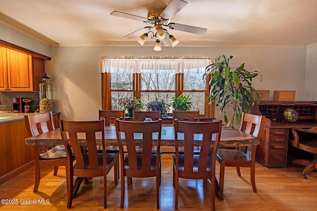 dining room with ceiling fan, light wood-style floors, and ornamental molding