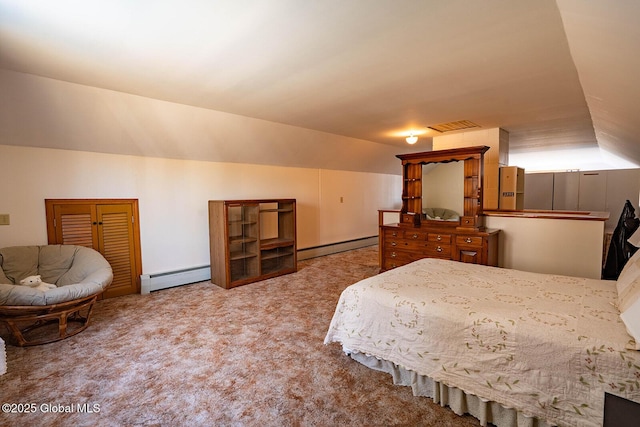 carpeted bedroom with a baseboard heating unit, lofted ceiling, baseboard heating, and visible vents