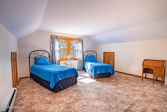 carpeted bedroom featuring a baseboard heating unit, lofted ceiling, and baseboards