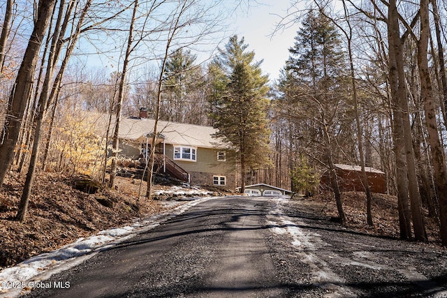 exterior space with driveway and a chimney