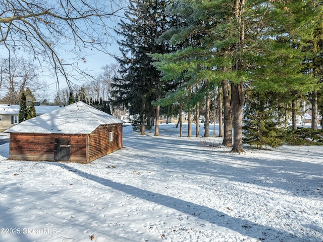 yard covered in snow featuring an outbuilding