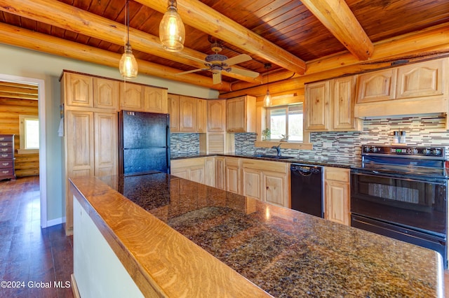 kitchen featuring beam ceiling, black appliances, dark wood-style floors, decorative backsplash, and wood ceiling