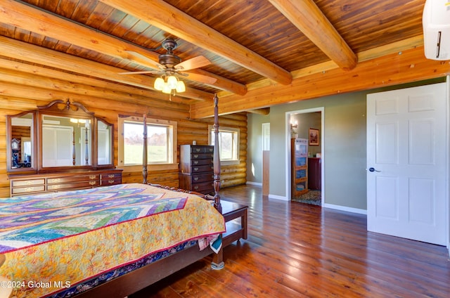 bedroom featuring beam ceiling, a wall mounted AC, hardwood / wood-style floors, baseboards, and wood ceiling