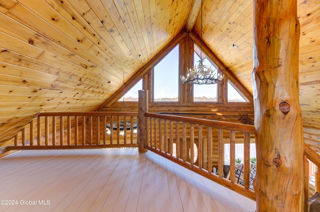 additional living space featuring hardwood / wood-style flooring, high vaulted ceiling, wooden ceiling, and rustic walls