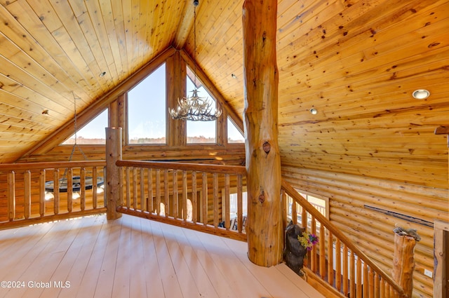 additional living space featuring wooden ceiling, hardwood / wood-style flooring, high vaulted ceiling, and log walls