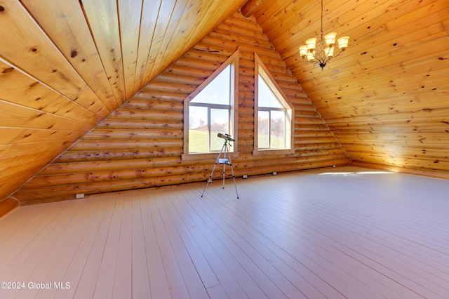 bonus room featuring log walls, a notable chandelier, wood ceiling, and hardwood / wood-style floors