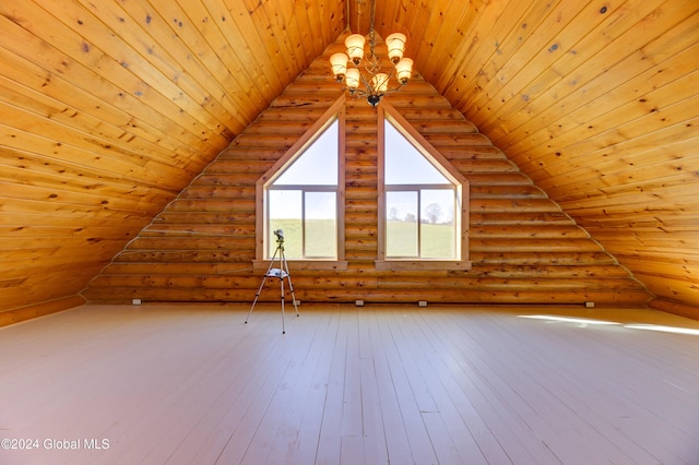 additional living space featuring rustic walls, vaulted ceiling, wood ceiling, and hardwood / wood-style floors