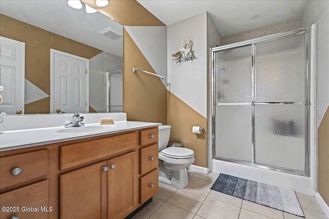 full bath featuring visible vents, toilet, a shower stall, tile patterned flooring, and vanity