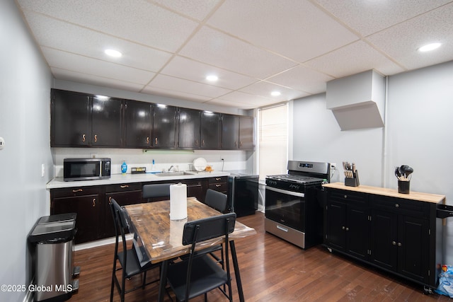 kitchen featuring a sink, dark wood-type flooring, appliances with stainless steel finishes, and dark cabinetry