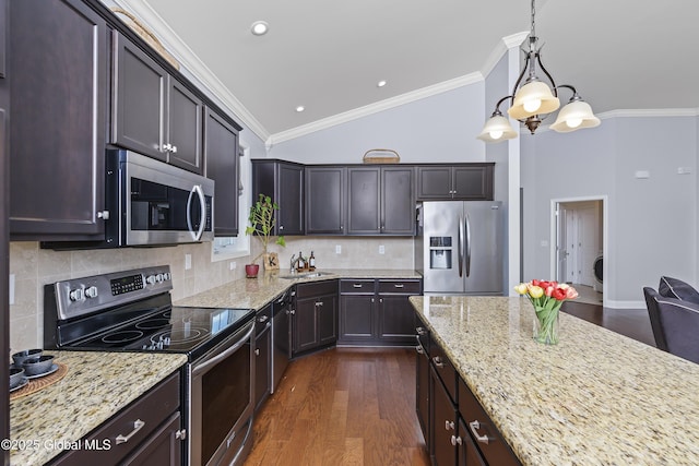 kitchen featuring dark wood finished floors, stainless steel appliances, light stone counters, and ornamental molding