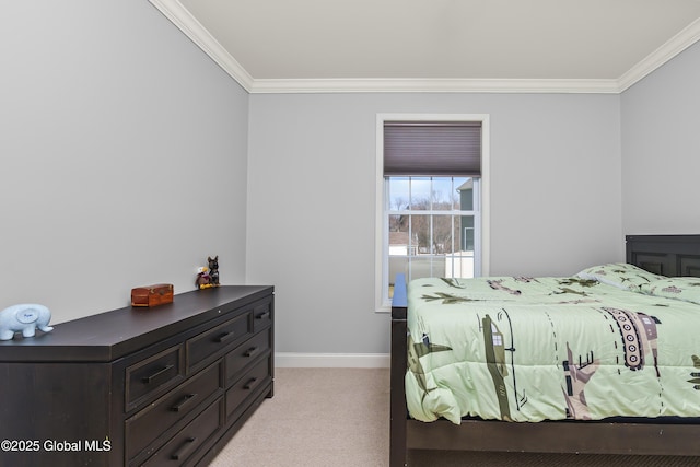 bedroom with ornamental molding, baseboards, and light carpet