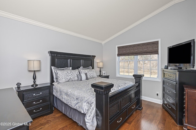 bedroom with dark wood-style floors, baseboards, lofted ceiling, and ornamental molding