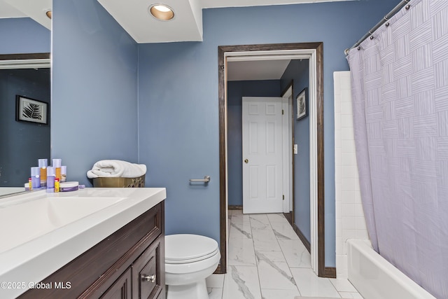 full bathroom with vanity, shower / bathtub combination with curtain, baseboards, toilet, and marble finish floor