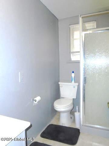 full bathroom with toilet, a shower stall, and vanity