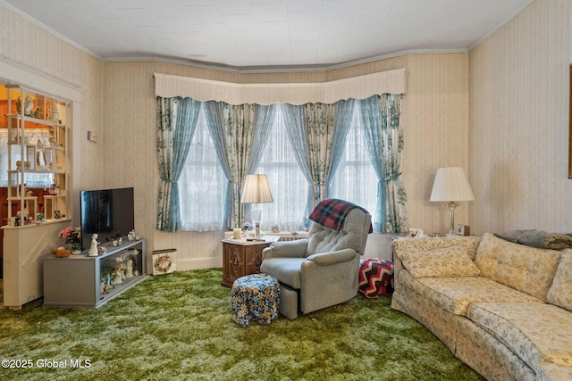 carpeted living area featuring wallpapered walls and crown molding