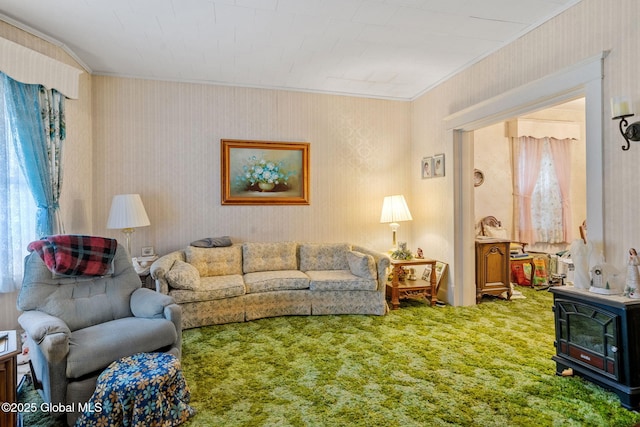 carpeted living room featuring a wood stove