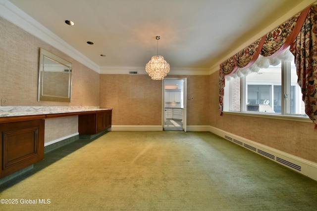 interior space featuring baseboards, wallpapered walls, ornamental molding, a notable chandelier, and baseboard heating