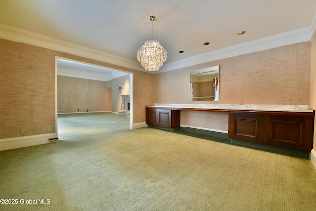 unfurnished room with ornamental molding, baseboards, a chandelier, and light carpet