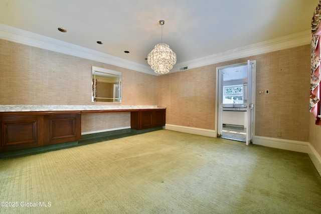 empty room with baseboards, light colored carpet, and crown molding