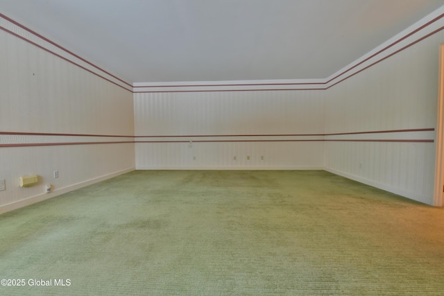 empty room with crown molding and carpet