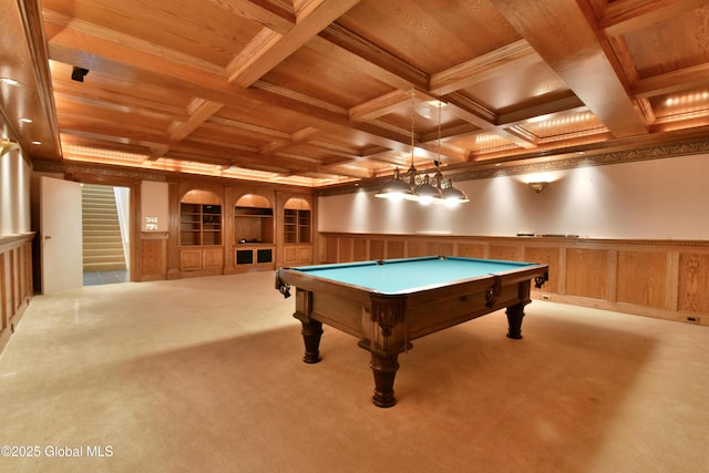 recreation room with beamed ceiling, carpet floors, wainscoting, wooden ceiling, and billiards