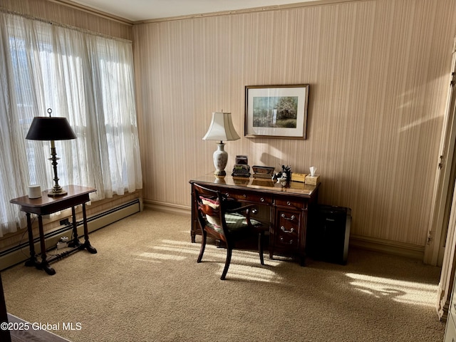 office with a baseboard radiator and light carpet