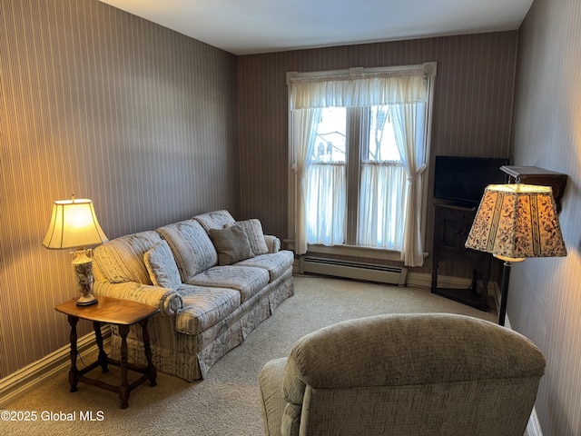 carpeted living room featuring wallpapered walls and a baseboard radiator