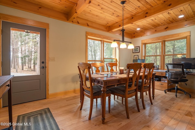 dining room featuring beamed ceiling, a healthy amount of sunlight, wood ceiling, and light wood-style flooring