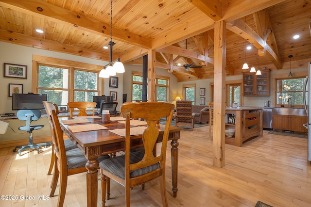 dining room featuring lofted ceiling with beams, recessed lighting, light wood-type flooring, and wooden ceiling