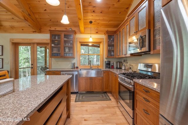 kitchen featuring a sink, plenty of natural light, appliances with stainless steel finishes, and light stone countertops