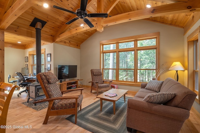 living room featuring lofted ceiling with beams, ceiling fan, wooden ceiling, and light wood finished floors