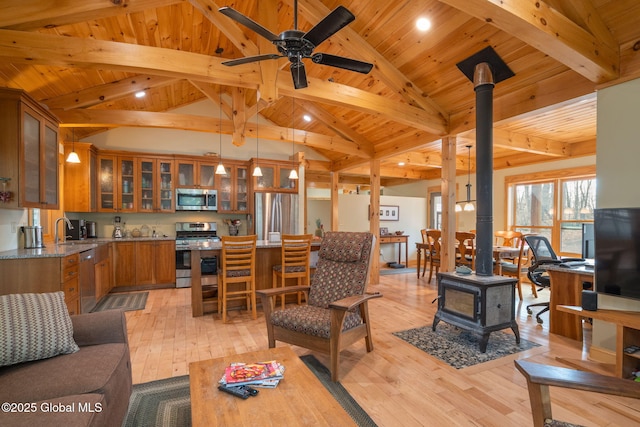 living room featuring lofted ceiling with beams, light wood-style floors, wood ceiling, and a wood stove