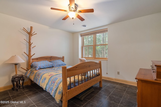 bedroom with tile patterned floors, visible vents, and baseboards