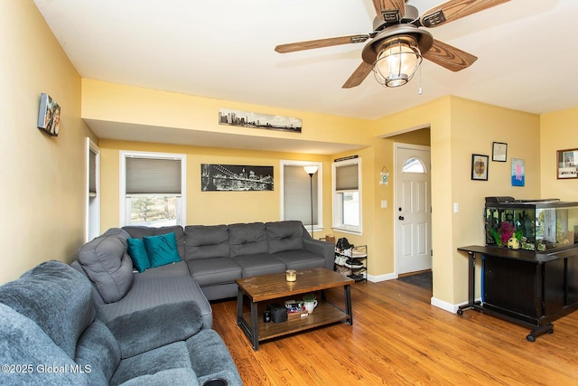 living area with ceiling fan, baseboards, and wood finished floors