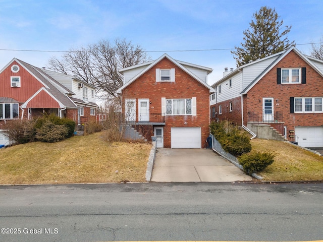 view of front facade with concrete driveway, an attached garage, brick siding, and a front yard