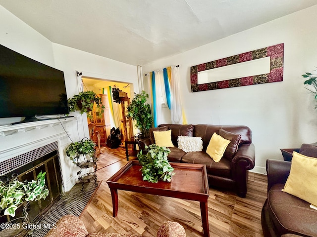 living room featuring wood finished floors and a tile fireplace