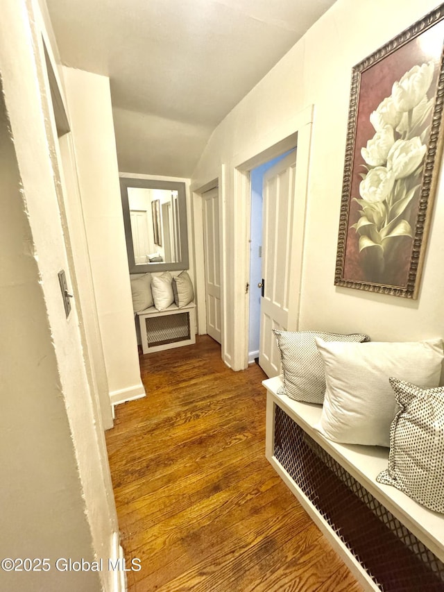 hall with wood finished floors and vaulted ceiling