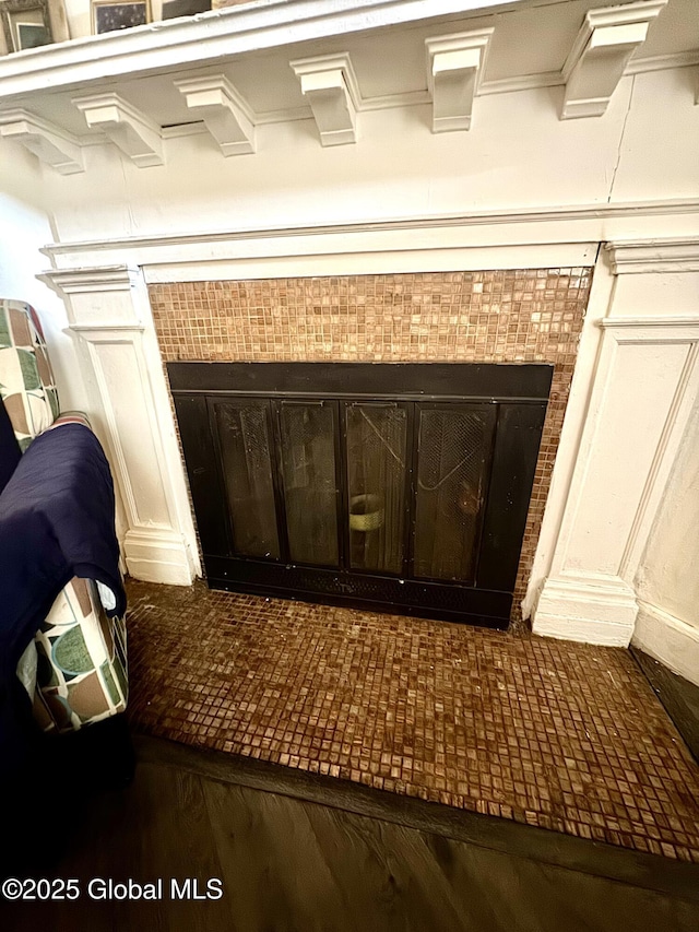 room details with a tile fireplace