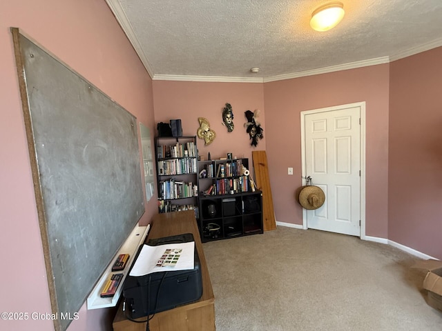 carpeted home office with crown molding, baseboards, and a textured ceiling