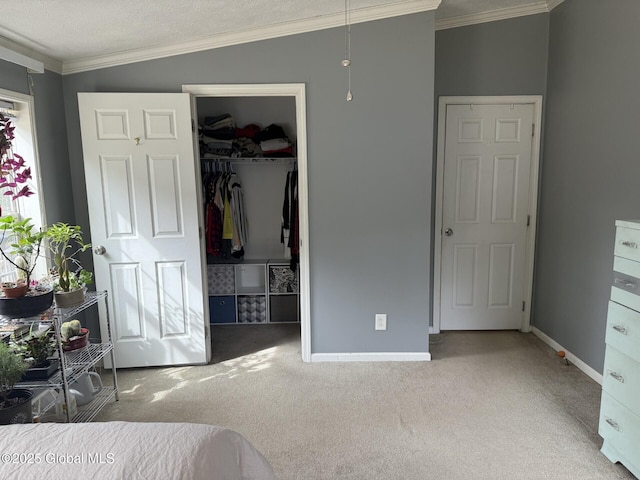 unfurnished bedroom featuring baseboards, carpet floors, ornamental molding, a spacious closet, and a closet