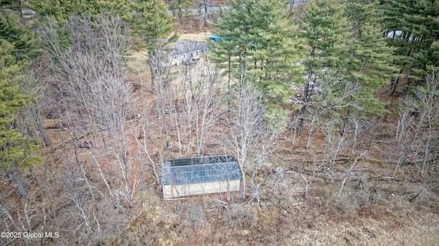 birds eye view of property with a wooded view