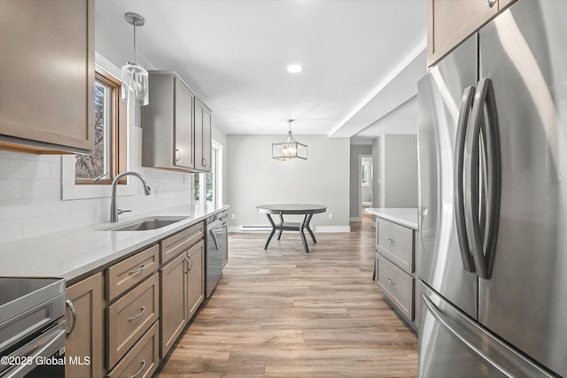 kitchen with backsplash, gray cabinets, appliances with stainless steel finishes, light wood-style flooring, and a sink