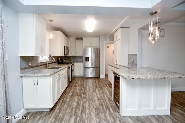 kitchen with decorative backsplash, a peninsula, white cabinets, stainless steel appliances, and a sink