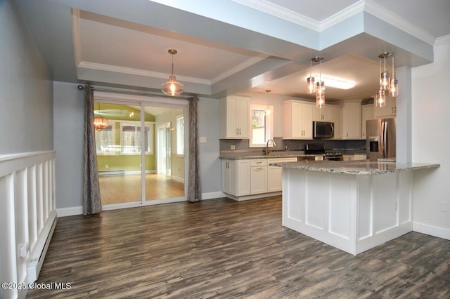 kitchen with baseboards, dark wood finished floors, appliances with stainless steel finishes, white cabinetry, and baseboard heating