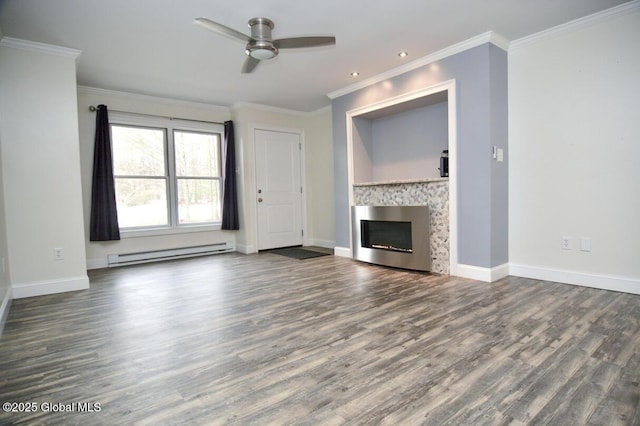 unfurnished living room featuring crown molding, baseboards, a fireplace, wood finished floors, and a baseboard radiator